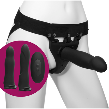 Body Extensions - BE Naughty 4-Piece Set - Rechargeable Vibrating Silicone Harness with 7" Bulbed / 7.5" Slim / 8" Large Dong